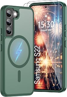 Pilaru Magnetic for Samsung S22 Case [Compatible with MagSafe] | 2X Screen Protector | Anti-Yellowing & Fingerprint, Shockproof, Skin-friendly Slim Fit Translucent for Galaxy S22 - Dark Green