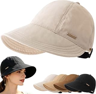 Trendy Wide Brim Sun Hat,UPF 50+ UV Protection Cap for Ponytails, Adjustable Packable Visor Cap for Hiking Golf