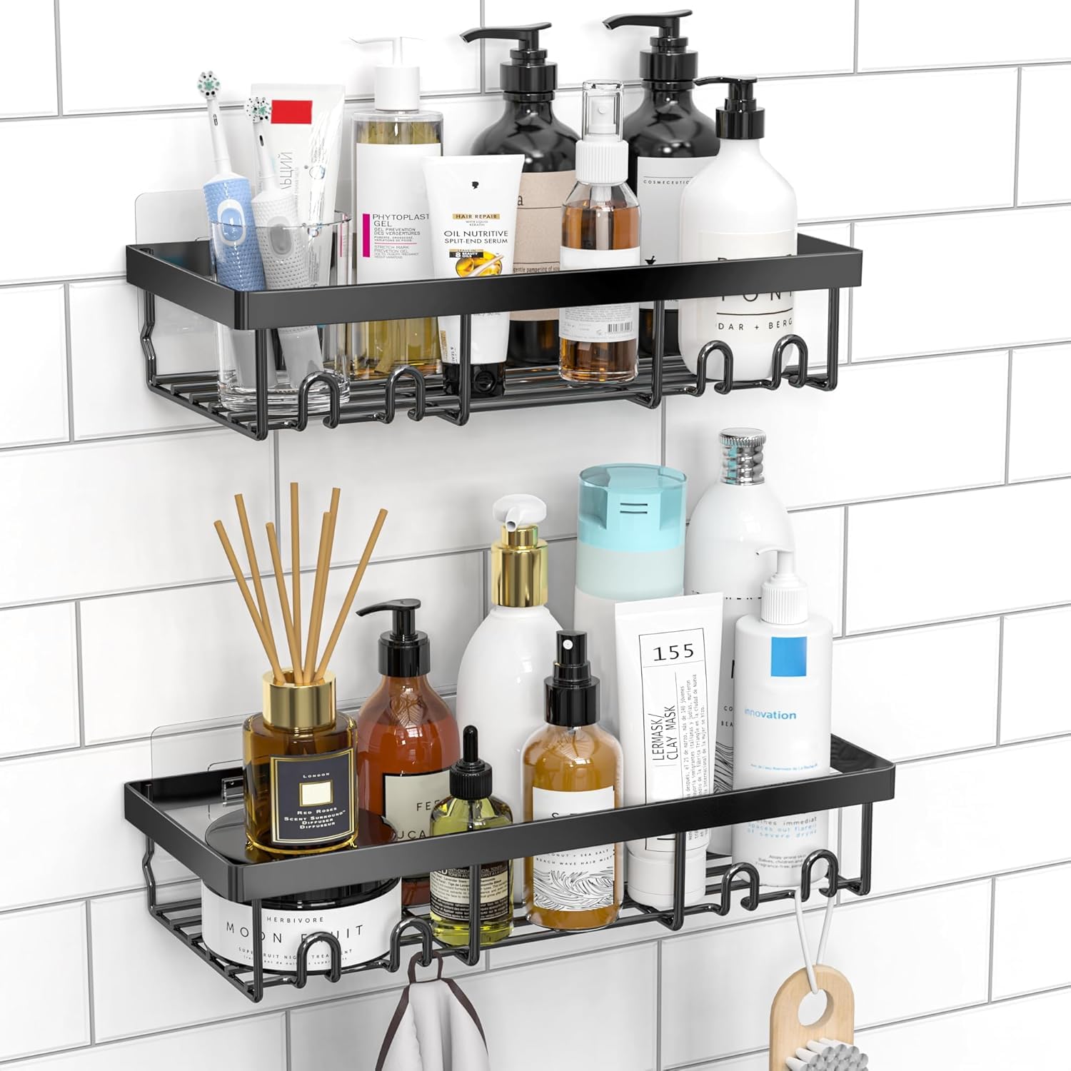 DIFULI Shower Caddy Shelf Organiser 2 Pack, No Drill Black Shower Shelves,Self A