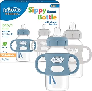 Dr. Brown’s Milestones Wide-Neck Transitional Sippy Bottle with Silicone Handles 9oz 270mL 6m+ Light Blue and Gray 2-Pack