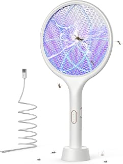 YISSVIC Electric Mosquito Racket 4000 V 1500 mAh USB-C Rechargeable | 2 in 1 UV LED Light, 3 Layers Mesh, Stable Base, Mosquito Repellent, Indoor Outdoor, White