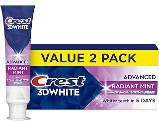 Crest 3D White Advanced Toothpaste, Radiant Mint, 3.3 oz (Pack of 2), Whiter Teeth in 5 Days, Enamel Safe Fluoride Anticavity Toothpaste for Stain Removal and Prevention