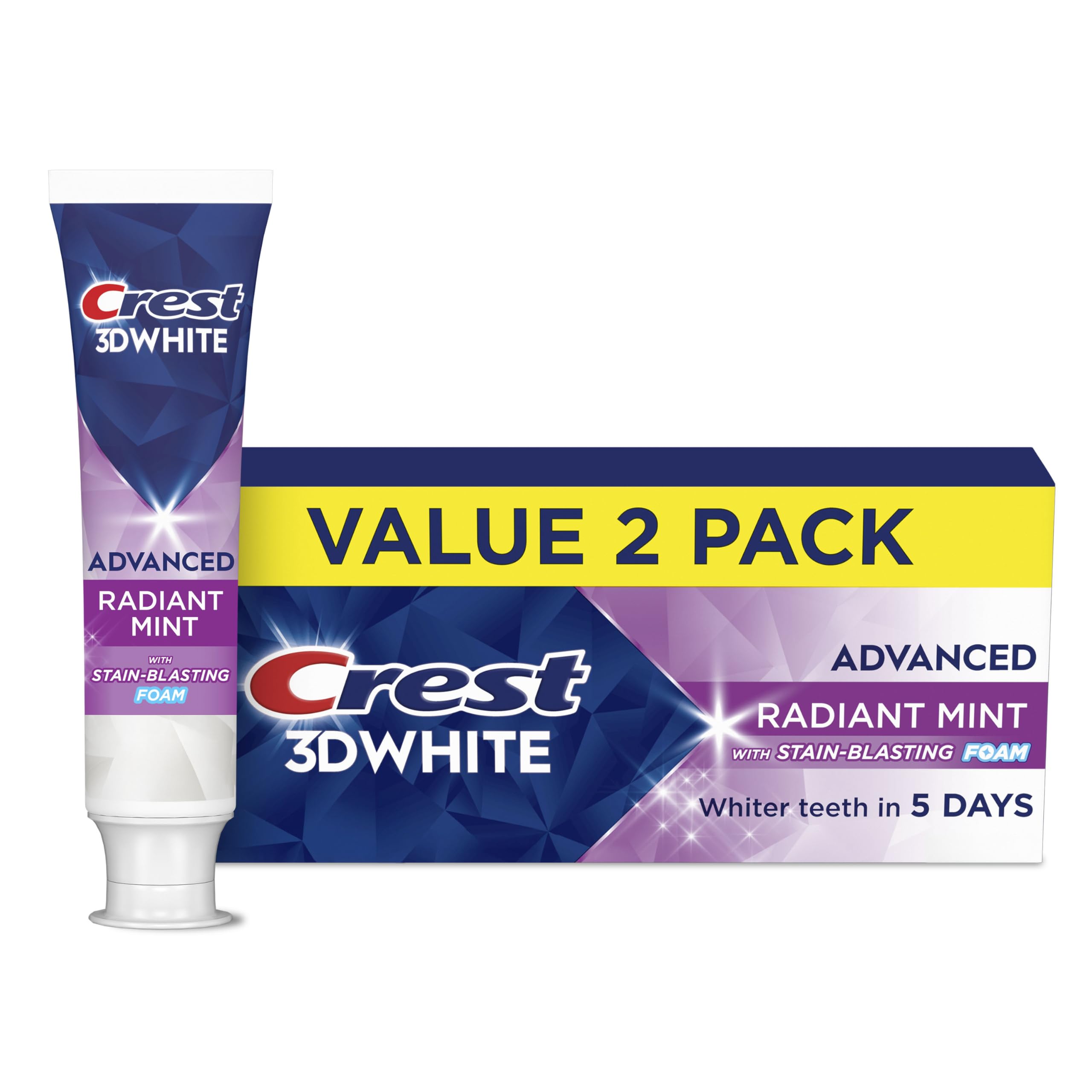 Crest 3D White Advanced Toothpaste, Radiant Mint, 3.3 oz (Pack of 2), Whiter Tee