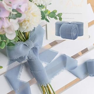 3 Rolls Dusty Blue Handmade Fringe Chiffon Ribbon for Wrapping, Wedding Invitations, Bridal Bouquet Decorations, 1.5 Inch x 5.5 Yards Total 3 Rolls