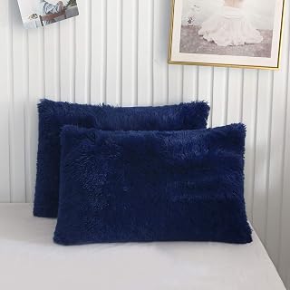 XeGe Fluffy Faux Fur Bed Pillow Cases, Set of 2, Standard, 20x26, Navy Blue