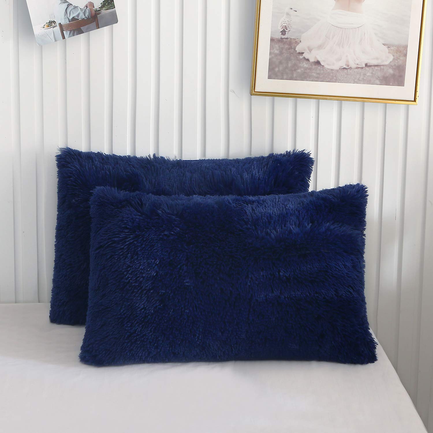 XeGe Fluffy Faux Fur Bed Pillow Cases, Set of 2, Standard, 20x26, Navy Blue