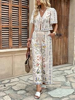 Floral Tie V Neck Top Wide Leg Pants 2 Piece Outfit Set, M
