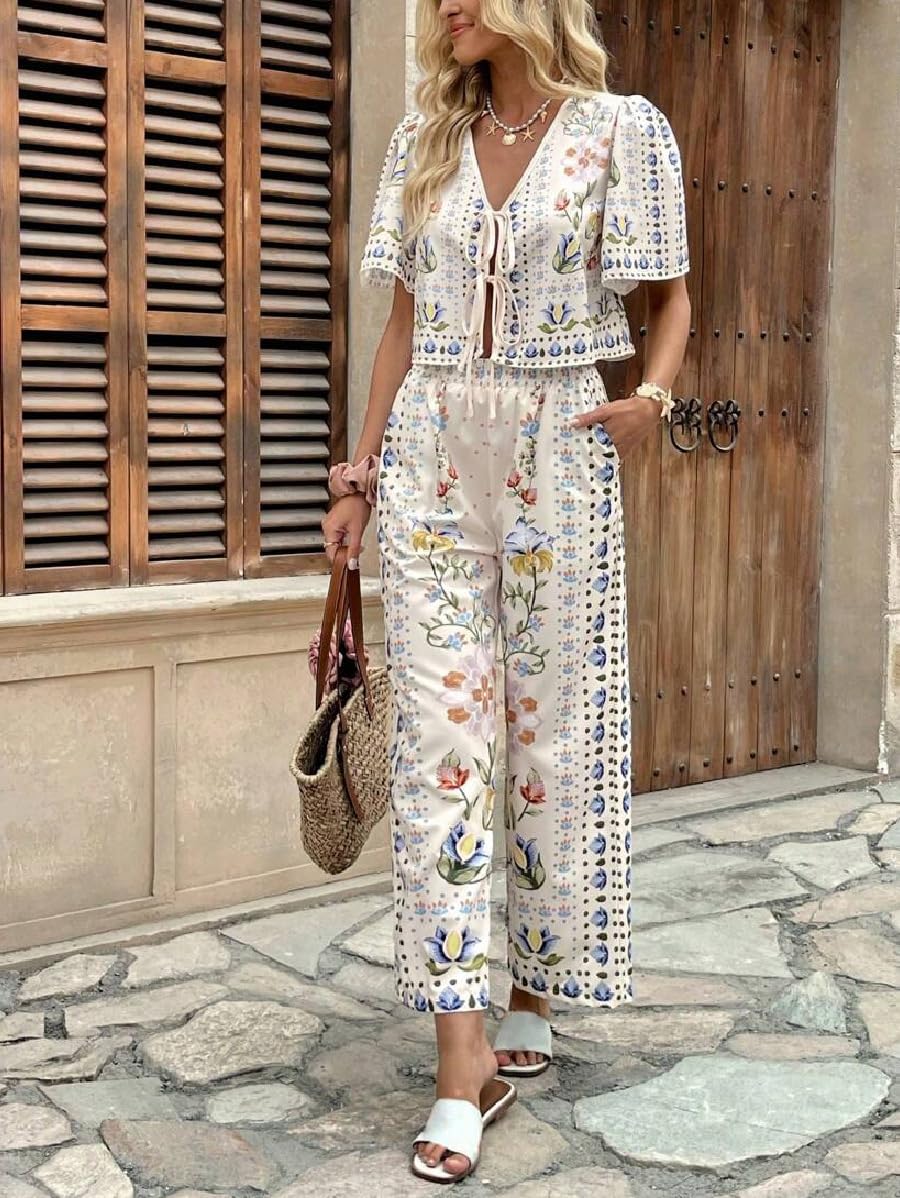 Floral Tie V Neck Top Wide Leg Pants 2 Piece Outfit Set, M