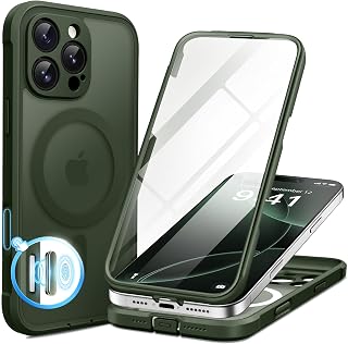 BERFY iPhone 16 Pro Max Case, Compatible with MagSafe, Built-in Glass Screen Protector, Camera Protection, Shockproof, Full Body Phone Case 6.9 Inch, Dark Green