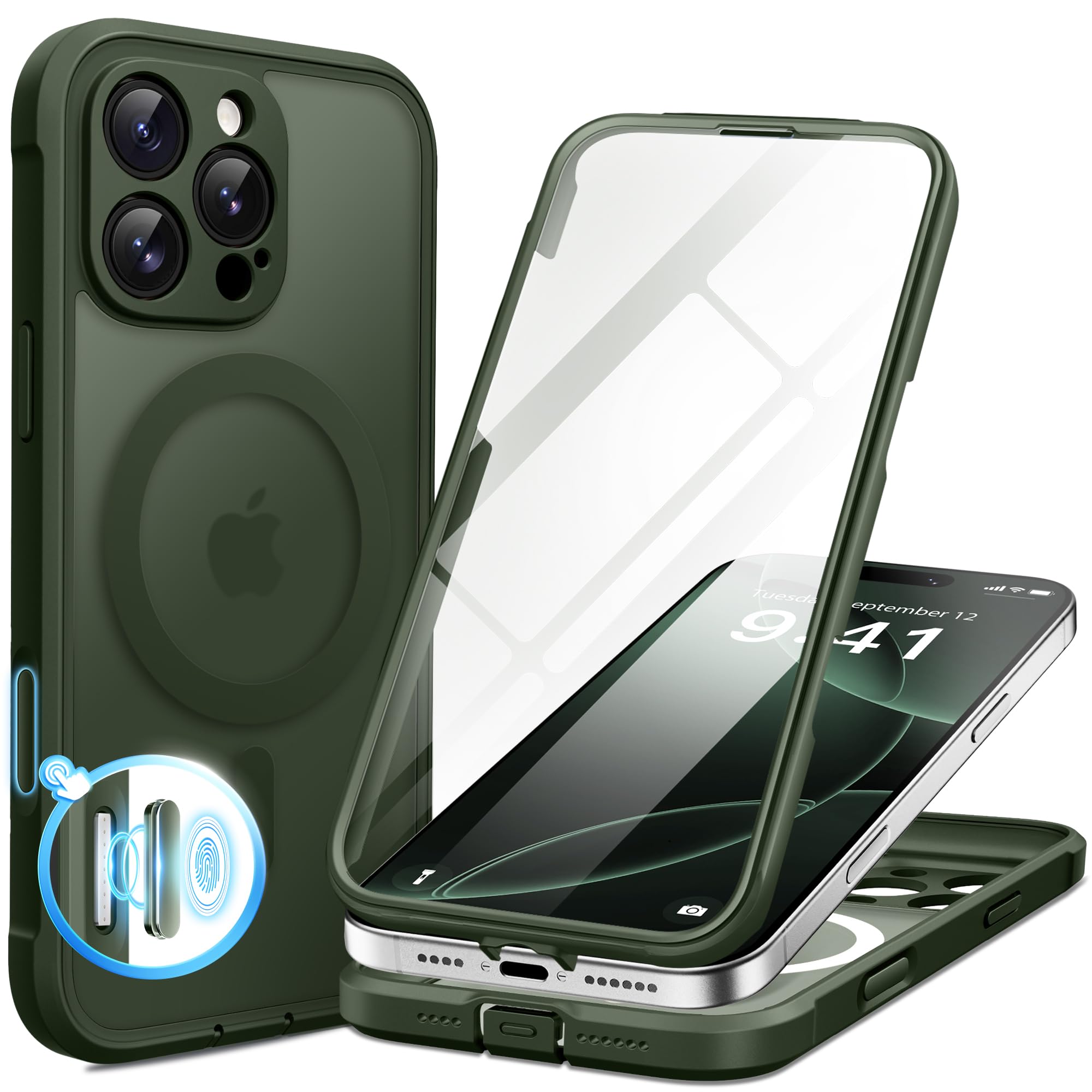BERFY iPhone 16 Pro Max Case, Compatible with MagSafe, Built-in Glass Screen Pro