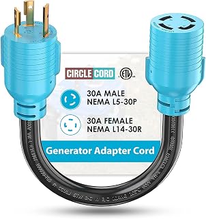 CircleCord 3 Prong to 4 Prong Generator Adapter Cord | NEMA L5-30P to L14-30R Adapter Cord, 30 Amp Generator Twist Lock 3 to 4 Prong House Inlet Box, STW 10 AWG Blue ETL Listed