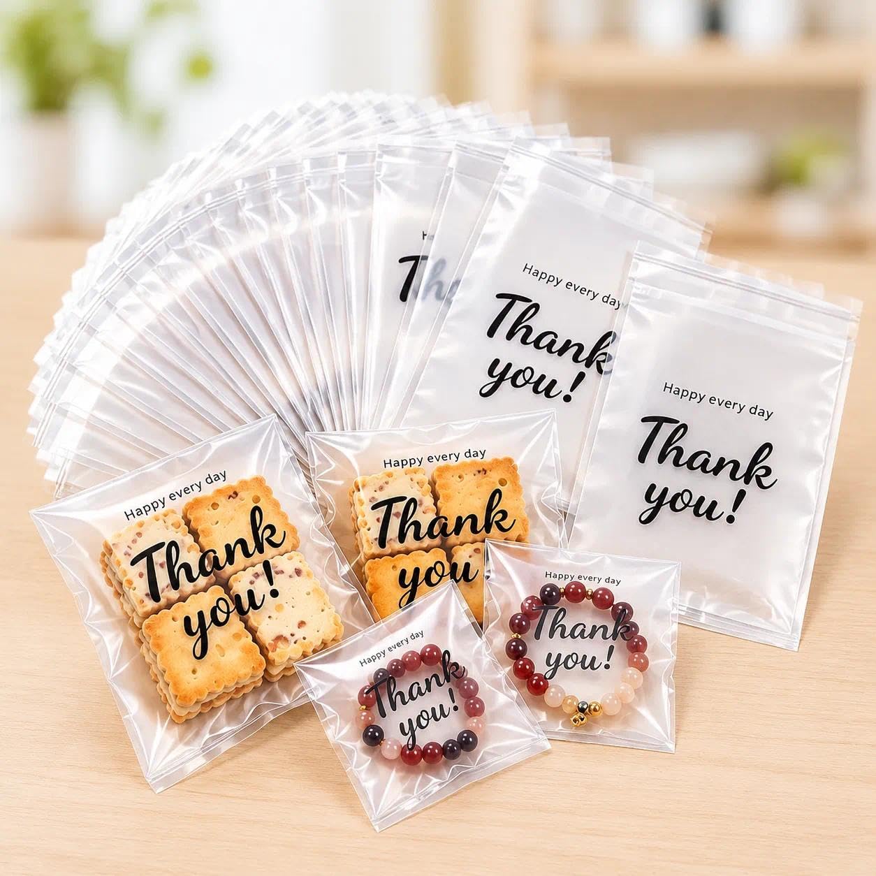 White Polka Dot Adhesive Cookie Bags with Thank You Signs, 50 Count