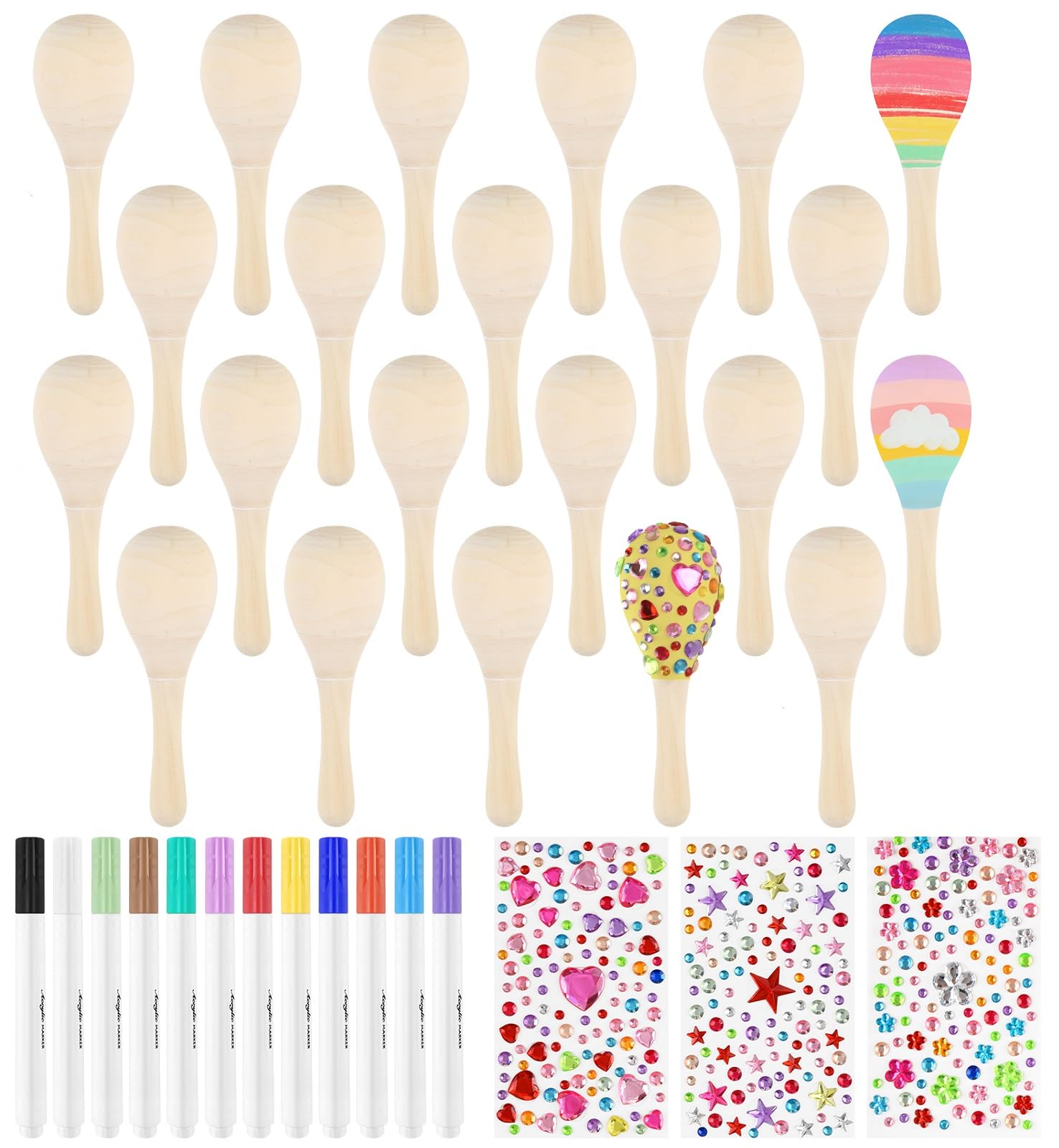 PLULON 30 Pcs Wooden Maracas for Kids, Mini Maracas with Multicolor Pens and Gem