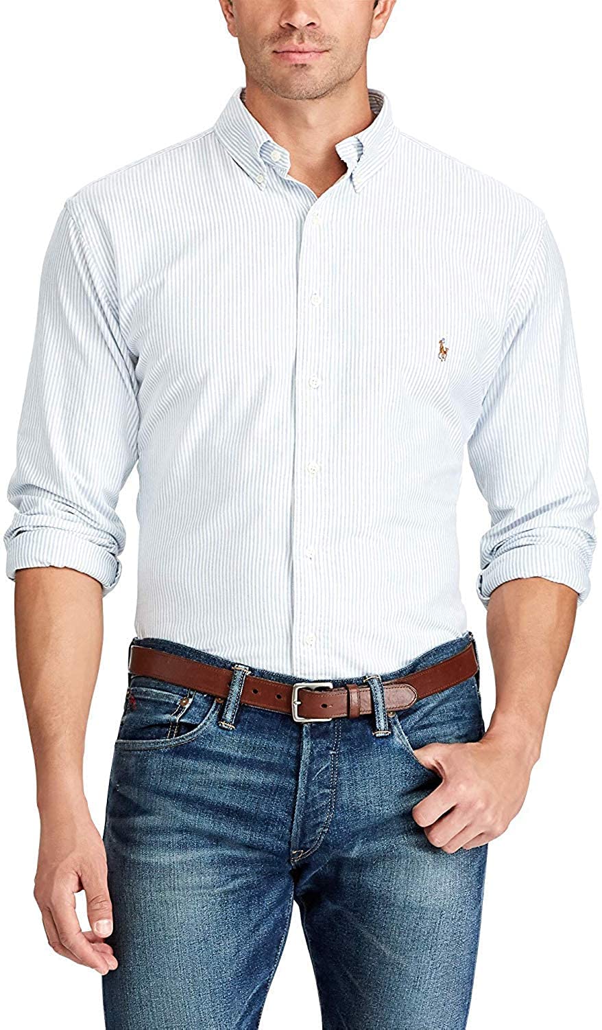 Polo Ralph Lauren Mens Classic Fit Oxford Longsleeve Buttondown Shirt (Blue Whit