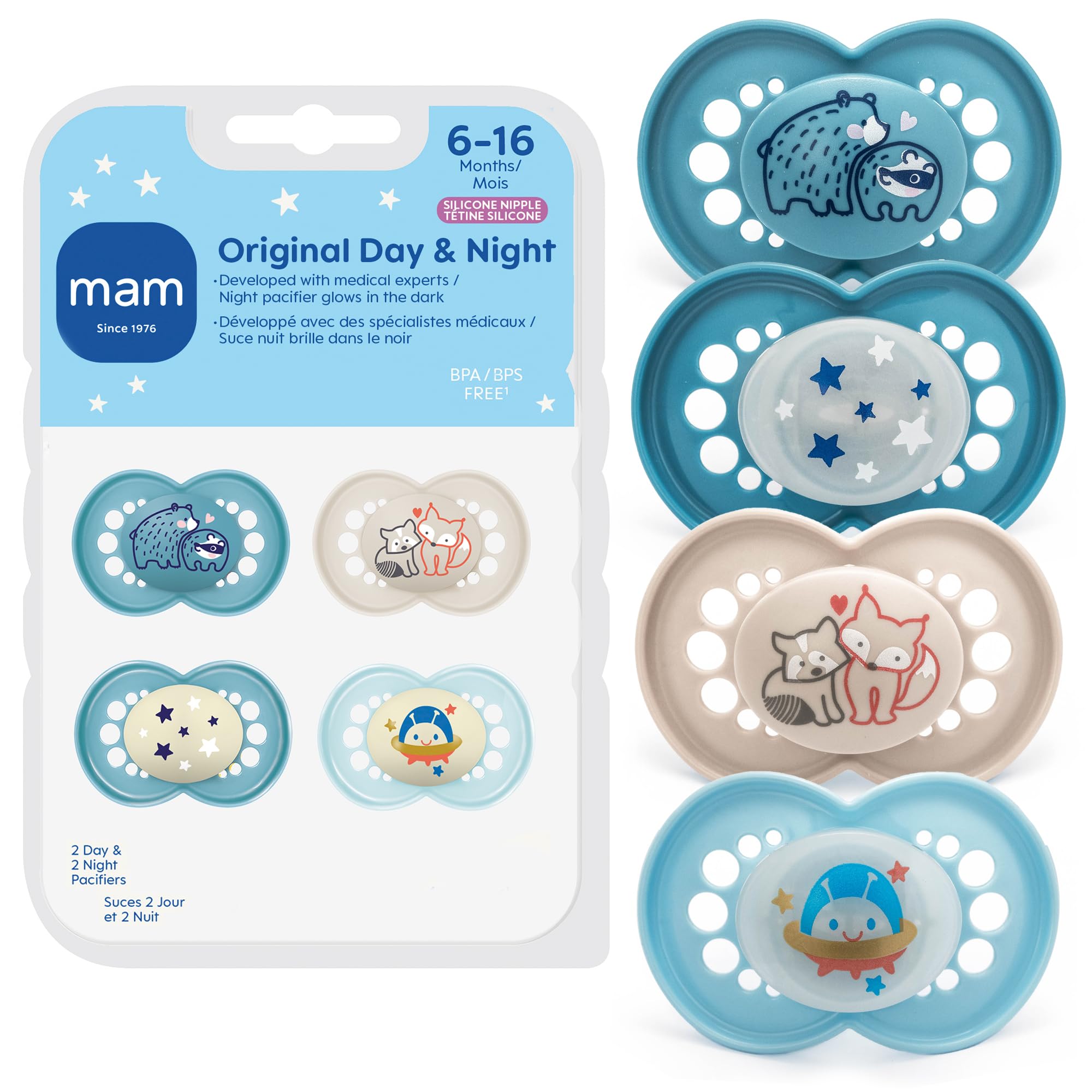 MAM Original Baby Pacifiers 6-16 Months, Glows In The Dark, 4 Pack | BPA-Free Sk