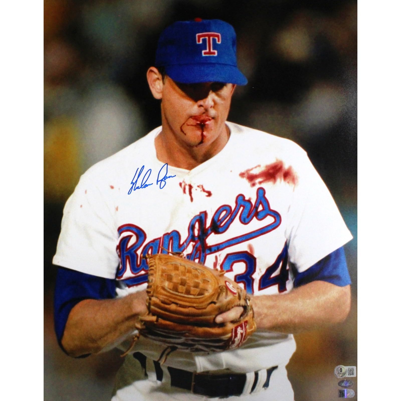 Nolan Ryan Autographed/Signed Texas 16x20 Photo Bloody Lip Beckett Witness