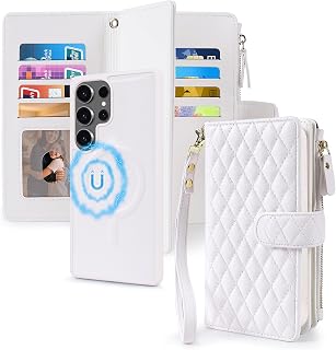 Harryshell 2 in 1 for Samsung Galaxy S25 Ultra Wallet Case Magnetic Compatible with Magsafe RFID Blocking Card Holder Detachable Phone Cover Zipper Purse Kickstand Wrist Strap Men Women Quilted White