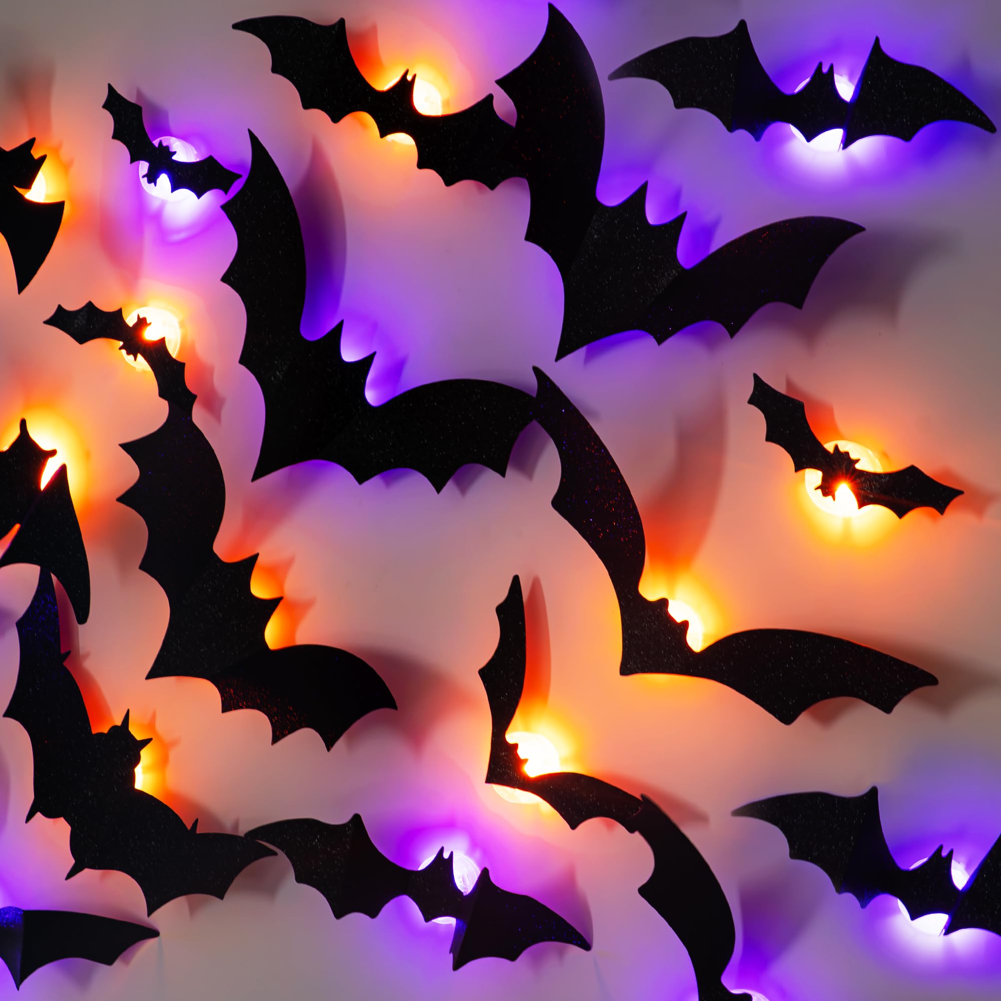 Dazzle Bright 100 PCS Halloween Bats Stickers with 60 Purple and Orange Lights, 