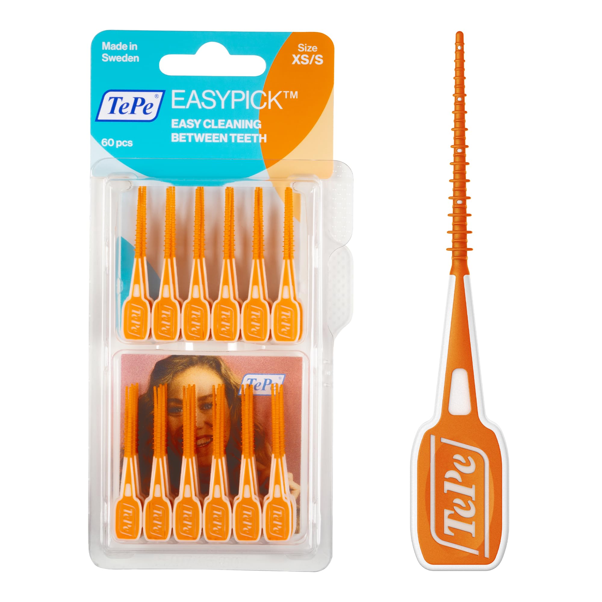 TePe EasyPick Toothpicks, Orange, ISO XS-S, 60pcs | Dental plaque removal tool, 