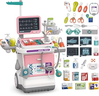 Doctor Kit for Kids Pretend Medical Station Set for Boys & Girls Mobile Cart with Kids Play Set for Ages 3 and Up Children Role Play Educational Toys (Pink)