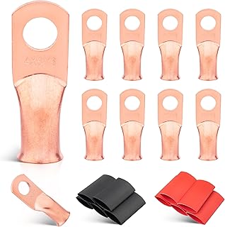 RED WOLF 4 AWG 5/16" Battery Cable Lug 10 PCS w/3:1 Heat Shrink Tubing for Wiring Insulation Black Red 10 PCS for Automotive Electrical 4 Gauge Wire Copper Lug Marine Grade M8 Ring Terminal Ends