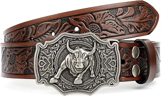 JASGOOD Leather Western Belt for Men Women Floral Engraving Cowboy Belt Bolt Buckle Longhorn Waist Belt for Jeans Pants