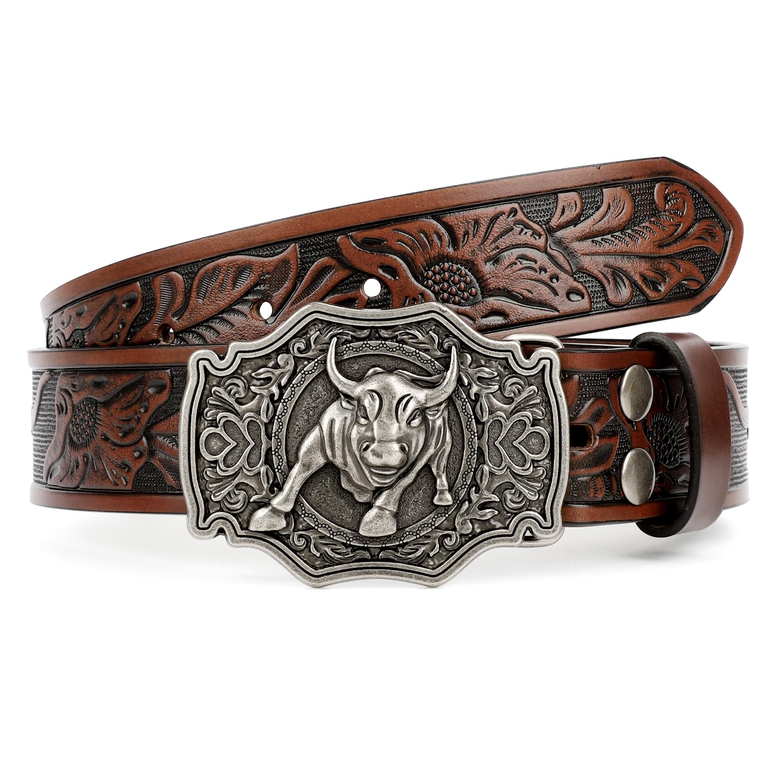 JASGOOD Leather Western Belt for Men Women Floral Engraving Cowboy Belt Bolt Buc