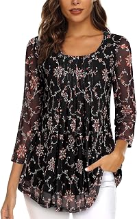 Women 3/4 Sleeve Tunic Tops Casual Loose Fit Floral Blouse Mesh Pleated Layered Shirts S-XXL