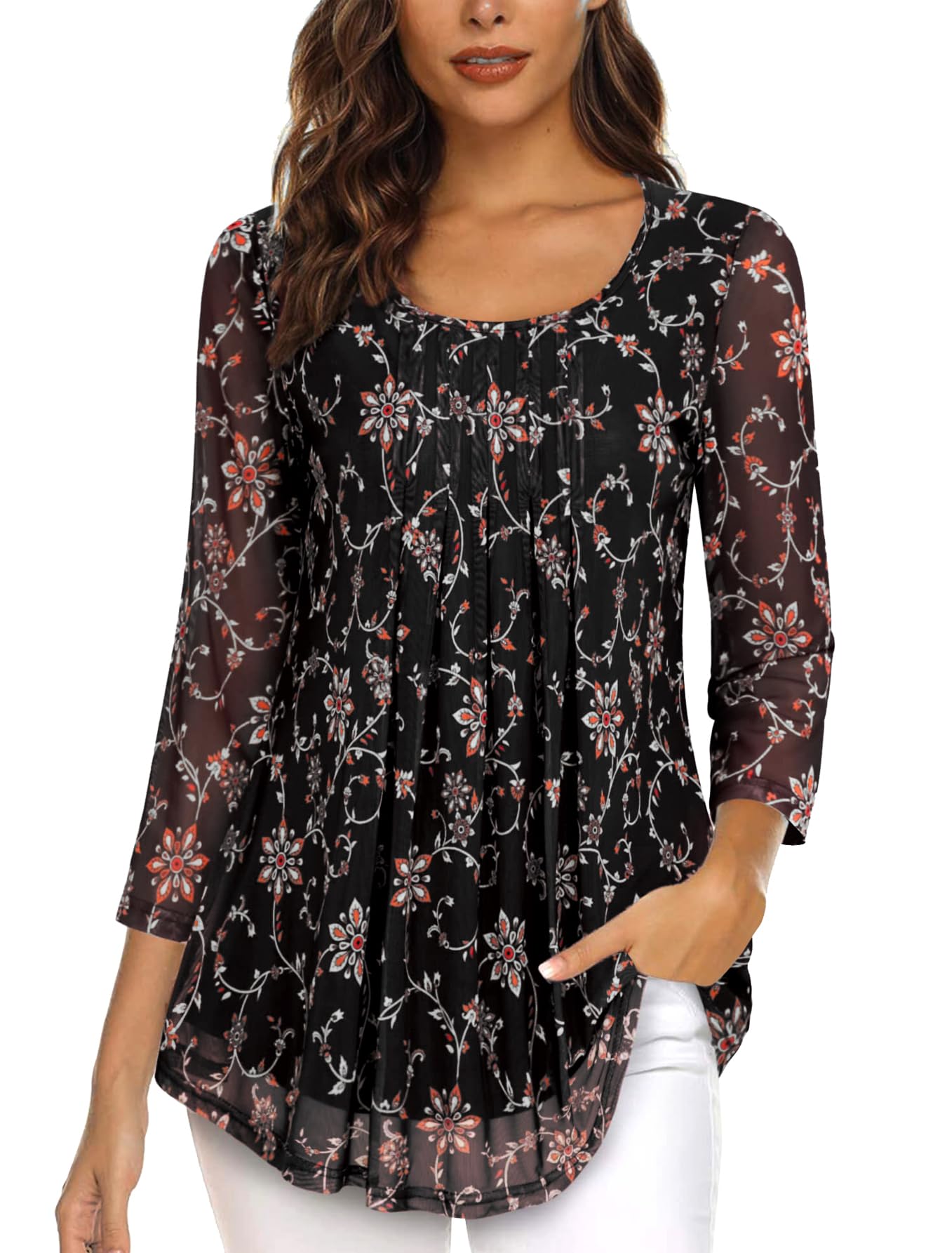 Women 3/4 Sleeve Tunic Tops Casual Loose Fit Floral Blouse Mesh Pleated Layered 
