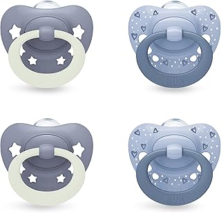 NUK First Choice Classic Night Baby Dummies | 6-18 Months | Orthodontic Soothers That Glow in The Dark | 95% Baby Acceptance** | Blue | 4 Count