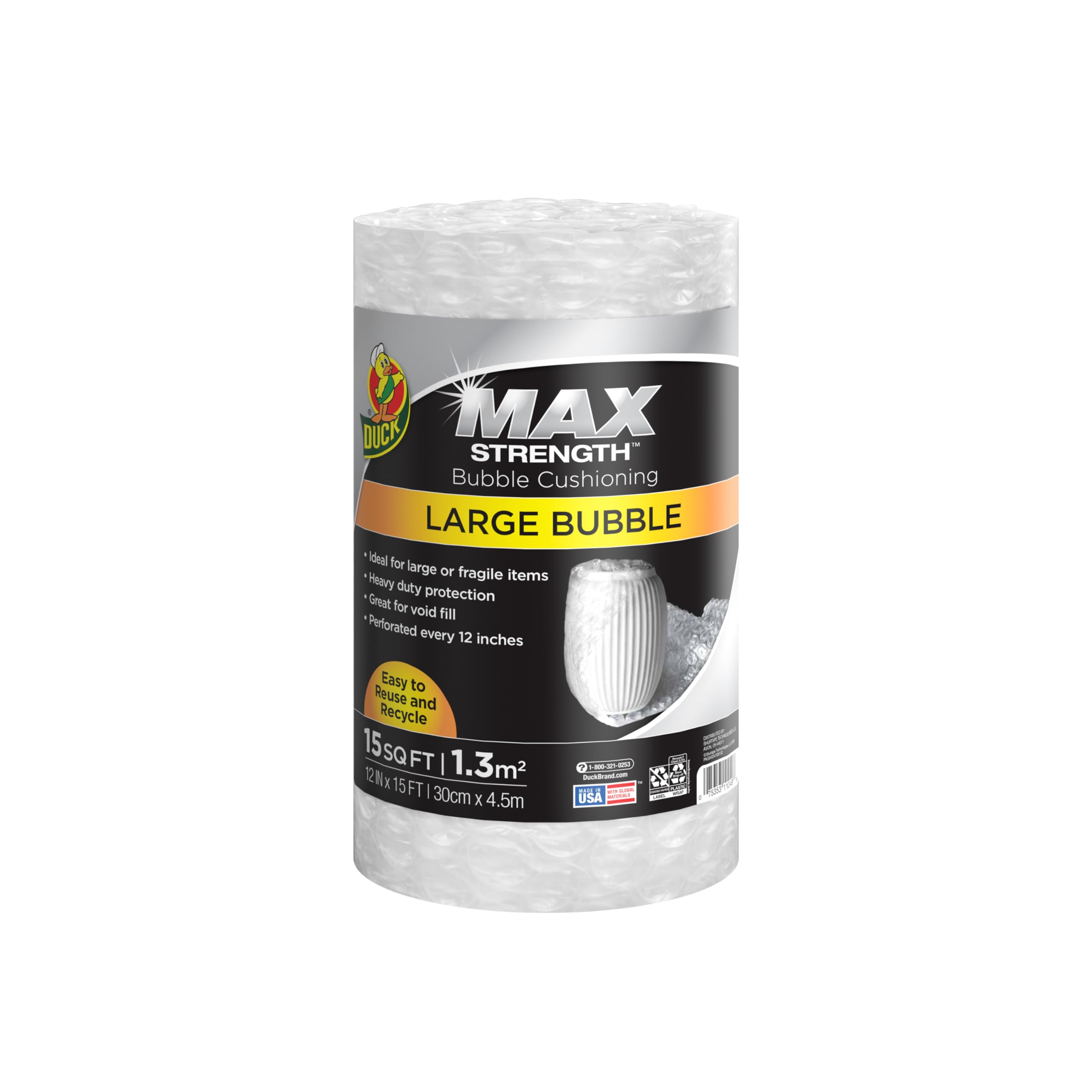 Duck Max Strength Bubble Cushioning Wrap for Moving & Shipping, 15 FT, Large Bub