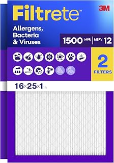 Filtrete 16x25x1 Air Filter, MERV 12, MPR 1500, 2 HVAC Filters | Allergens, Bacteria & Viruses, 3-Month AC/Furnace Filters, Cleaner Air, Reliable Airflow, (Act. Size 15.62x24.62x0.78 in)