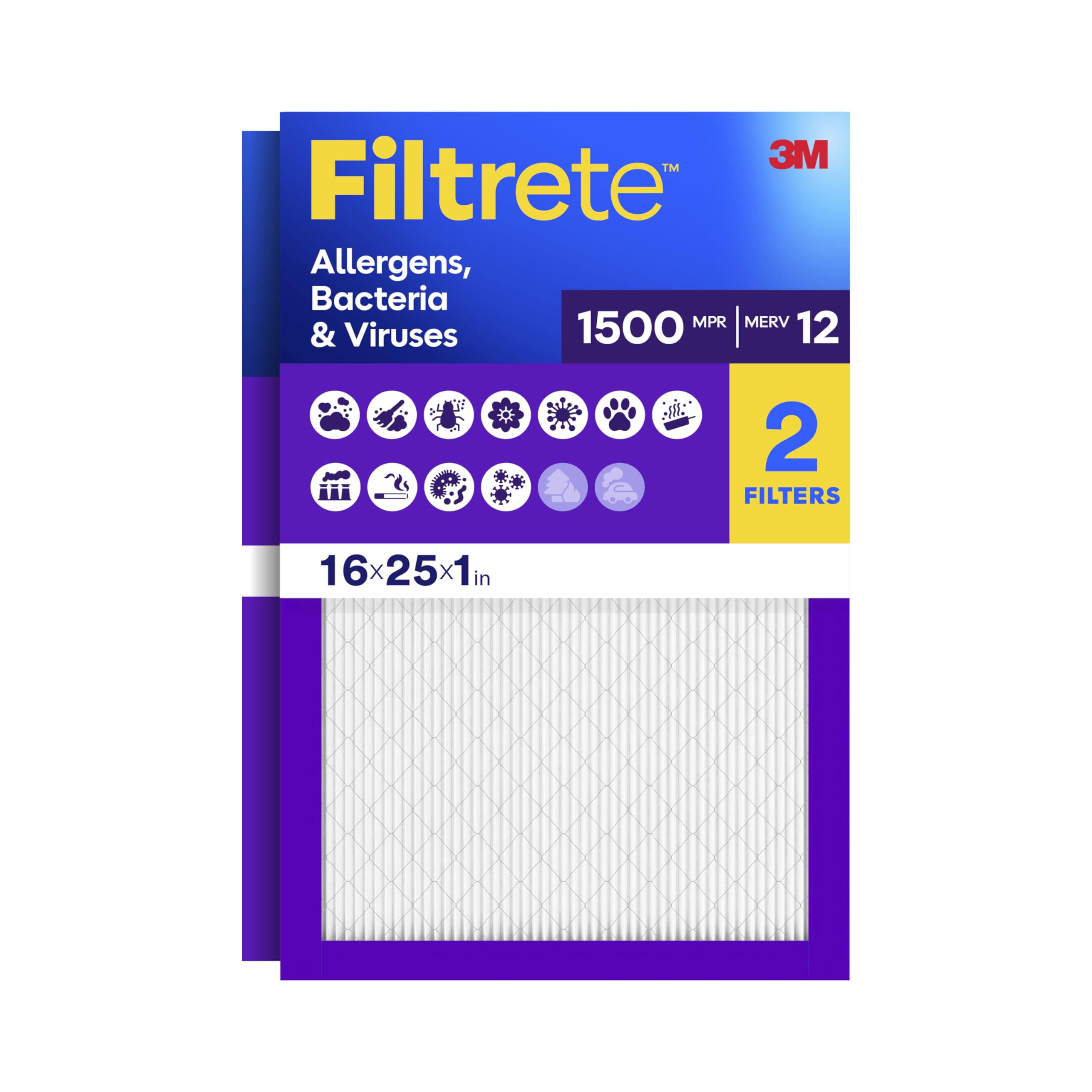 Filtrete 16x25x1 Air Filter, MERV 12, MPR 1500, 2 HVAC Filters | Allergens, Bact