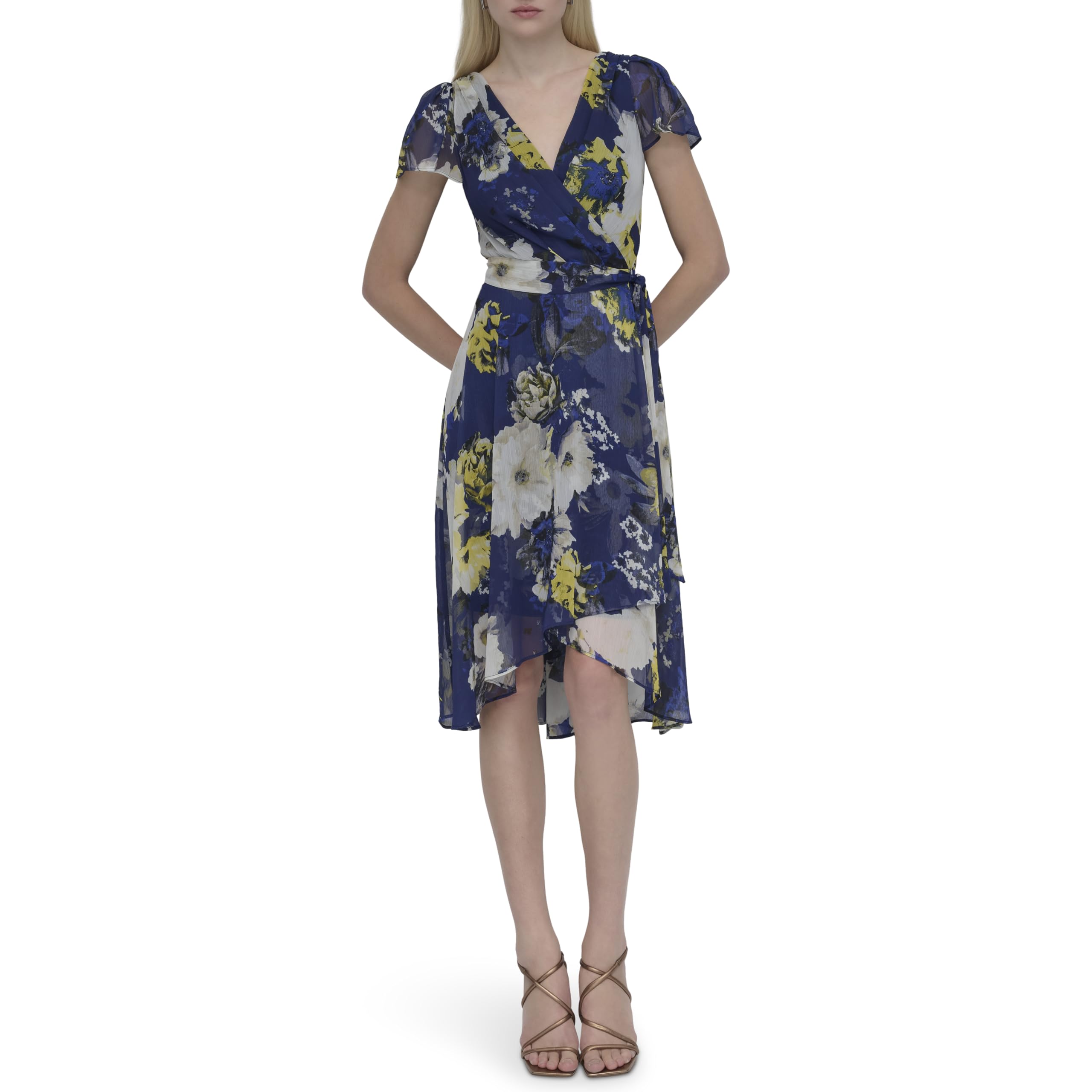 DKNY Womens Flutter Sleeve Surplice Tie Fit & Flare Midi DressDress