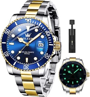 OLEVS Classic Wrist Watch Men Business Watch with Green Dial Black/White/Blue Dial Multifunction Luminous Stainless Steel Flywheel, Blue Two-Tone Face Upgrade, Luxury