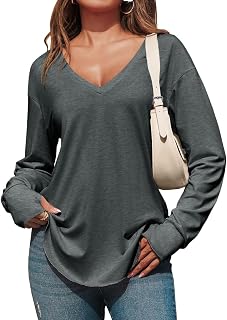 Tankaneo Maglietta da donna con scollo a V profondo, a maniche lunghe, oversize, casual, vestibilità larga, orlo curvo