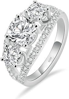 3 Stone Engagement Ring 18 K White Gold Plated S925 Sterling Silver Promise Rings For Her Vintage Wedding Rings For Women
