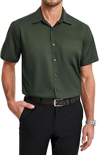 HISDERN Men's Short-Sleeved Summer Bamboo Fibre Shirt with Buttons and Pockets