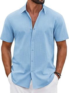 COOFANDY Mens Button Down Shirts Short Sleeve Casual Shirt Cotton Summer Beach Linen Wedding Shirts