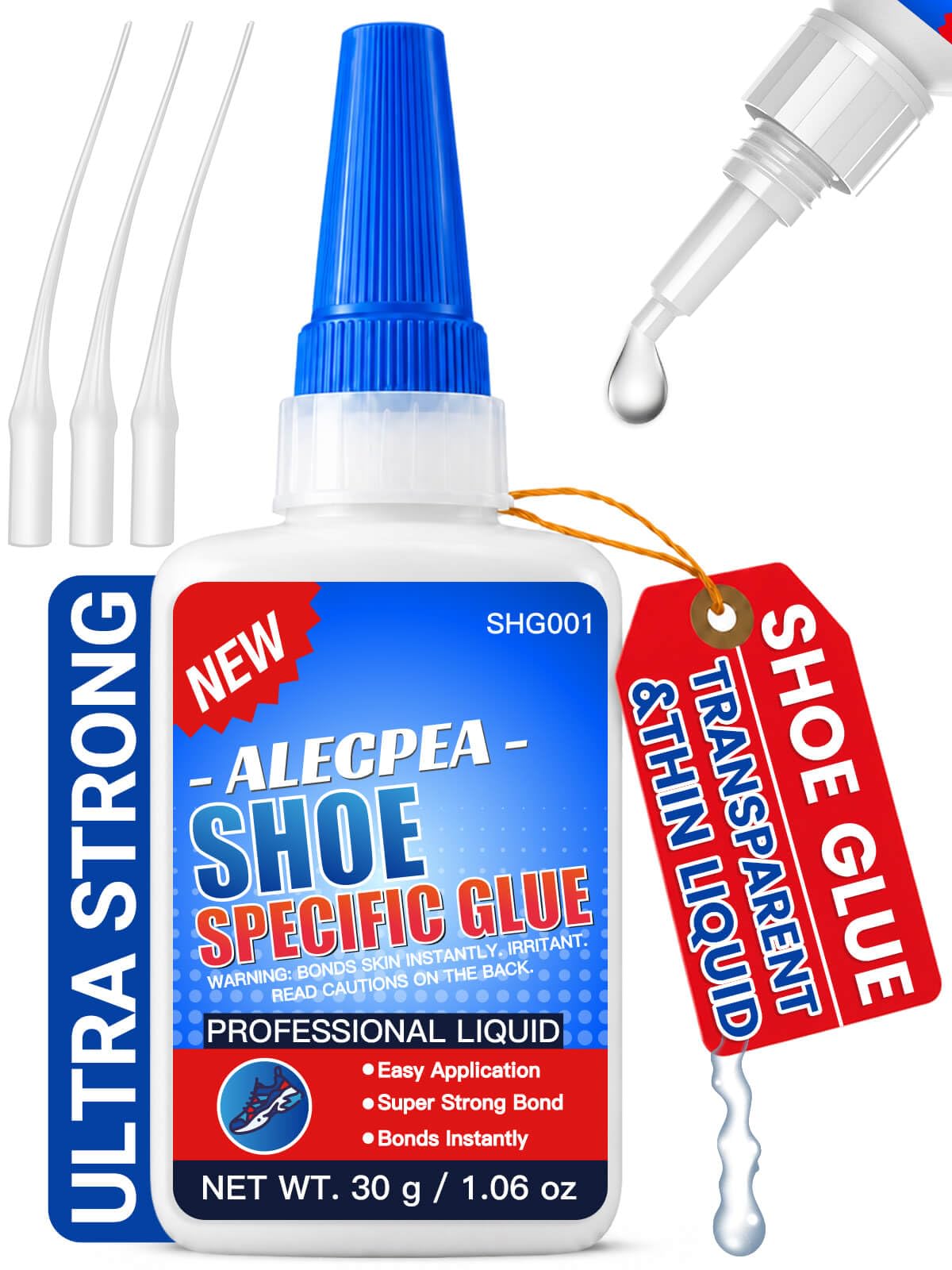 ALECPEA Shoe Glue for Sole Repair, Thin Clear Adhesive, 30g with 3 Tips | Fast-S