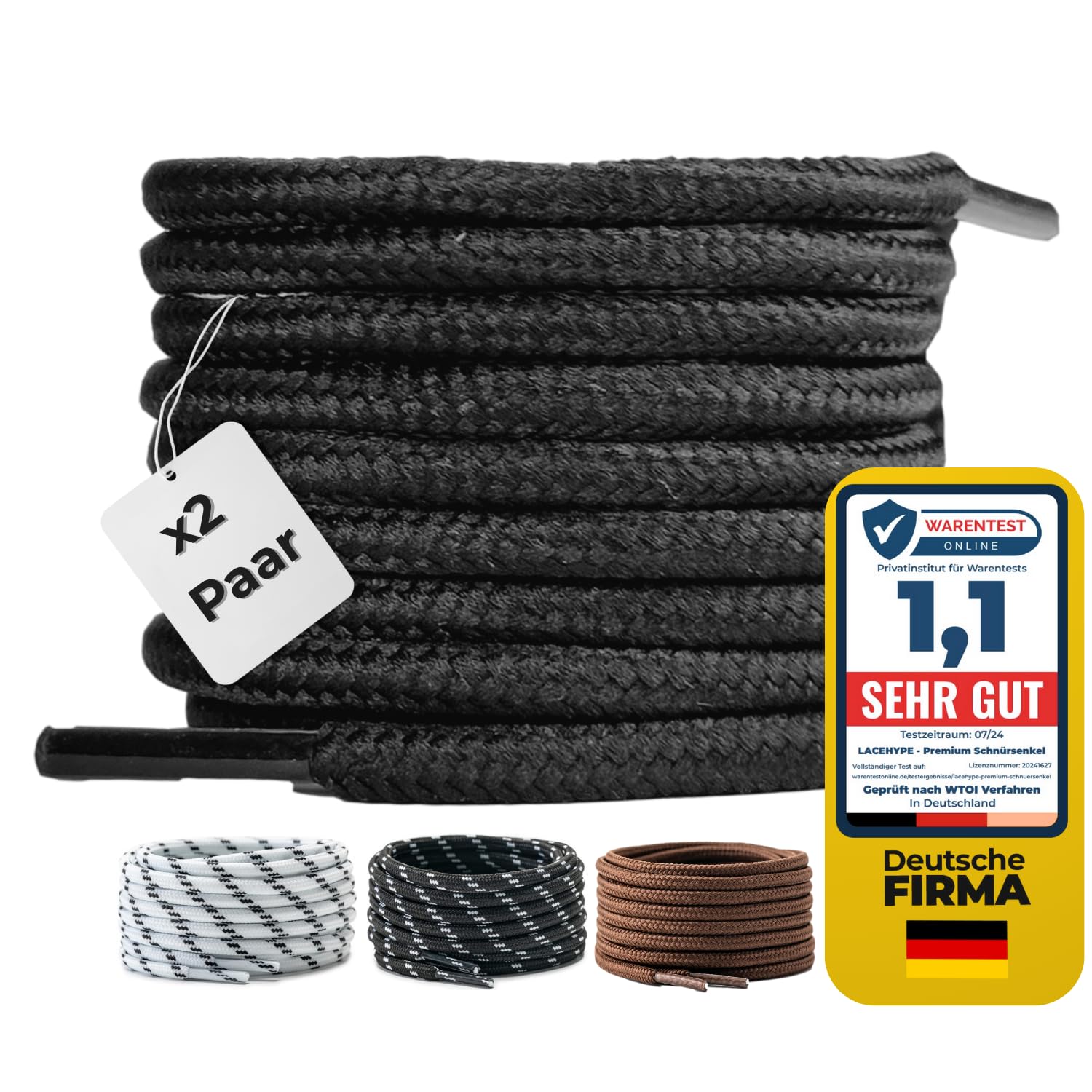 LaceHype 2 Pairs - Premium Round Shoelaces [Ø 4 mm] for Work Shoes, Boots, Outdo