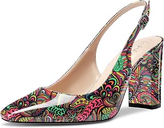 NobleOnly Women's High Chunky Wide Heel Closed Toe Square Toe Slingback Pumps Slip-on Cute Dress Office Shoes 8.5 CM Heels