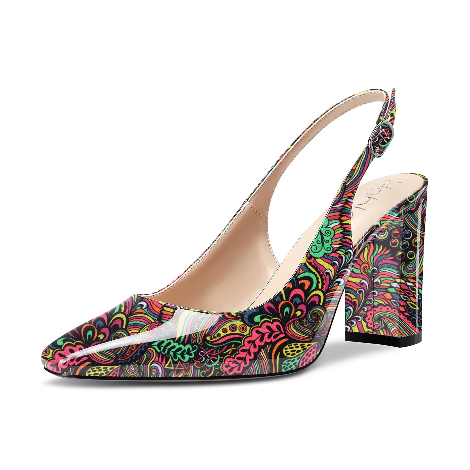 NobleOnly Women's High Chunky Wide Heel Closed Toe Square Toe Slingback Pumps Sl