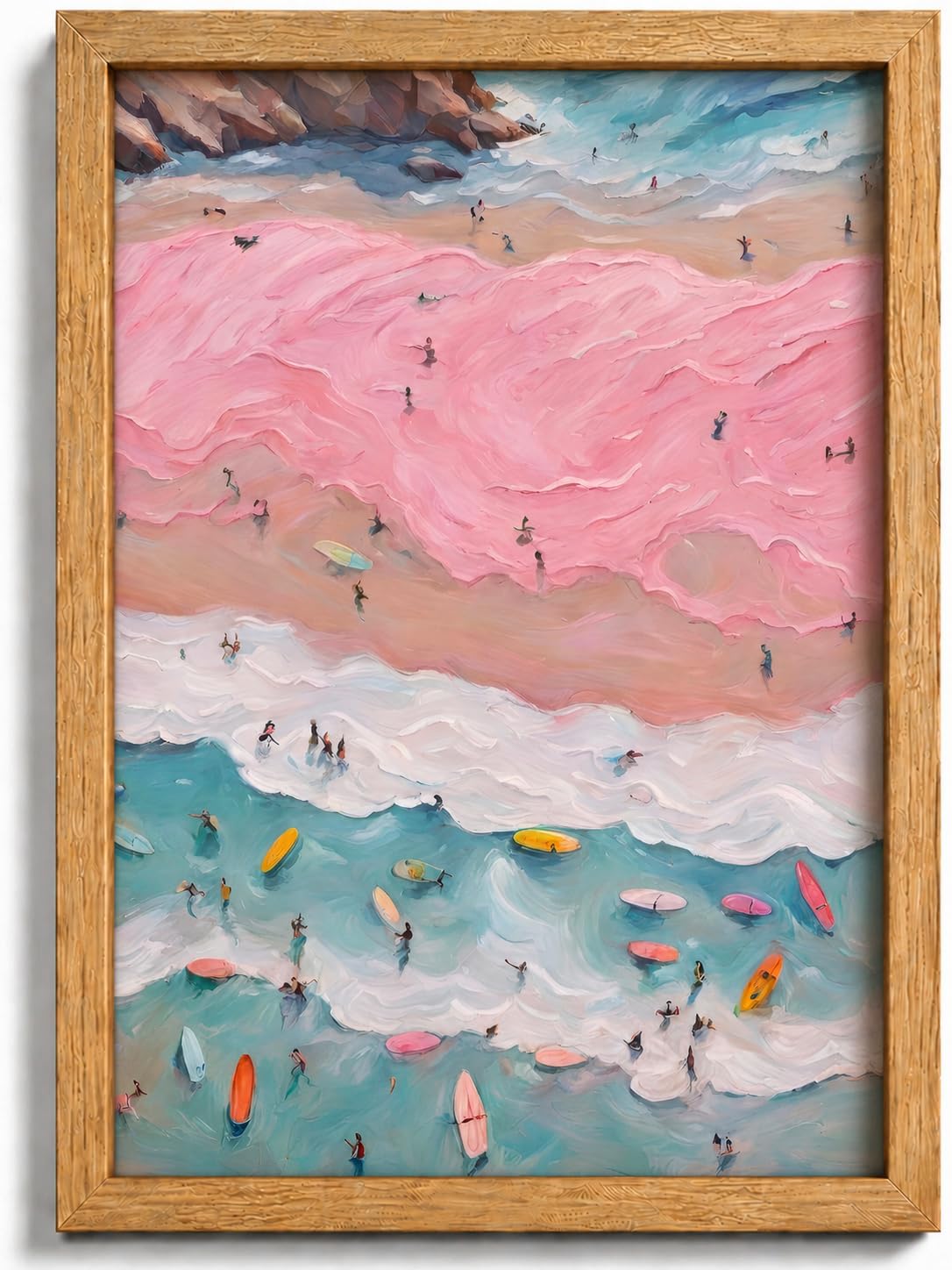 Framed Pink Coastal Canvas Wall Art,Girl Beach Surfers Picture Wall Decor | Summ