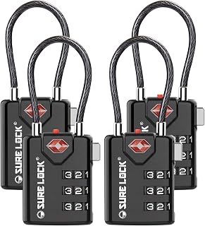 SURE LOCK TSA Compatible Travel Luggage Locks, Inspection Indicator, Easy Read Dials TSA Approved with Zinc Alloy, Black 4 Pack, Earnest