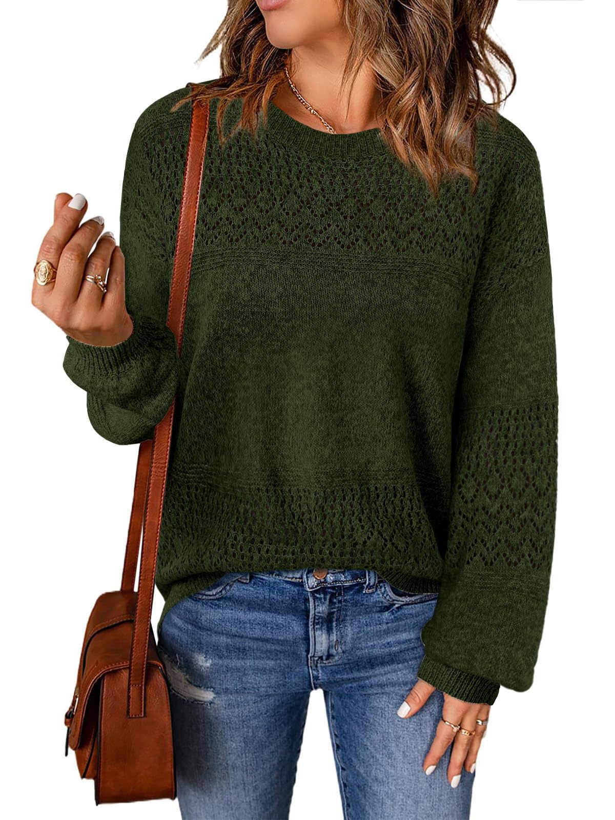 Lylinan Women's Casual Boho Long Sleeve Sweaters Crew Neck Lightweight Crochet K