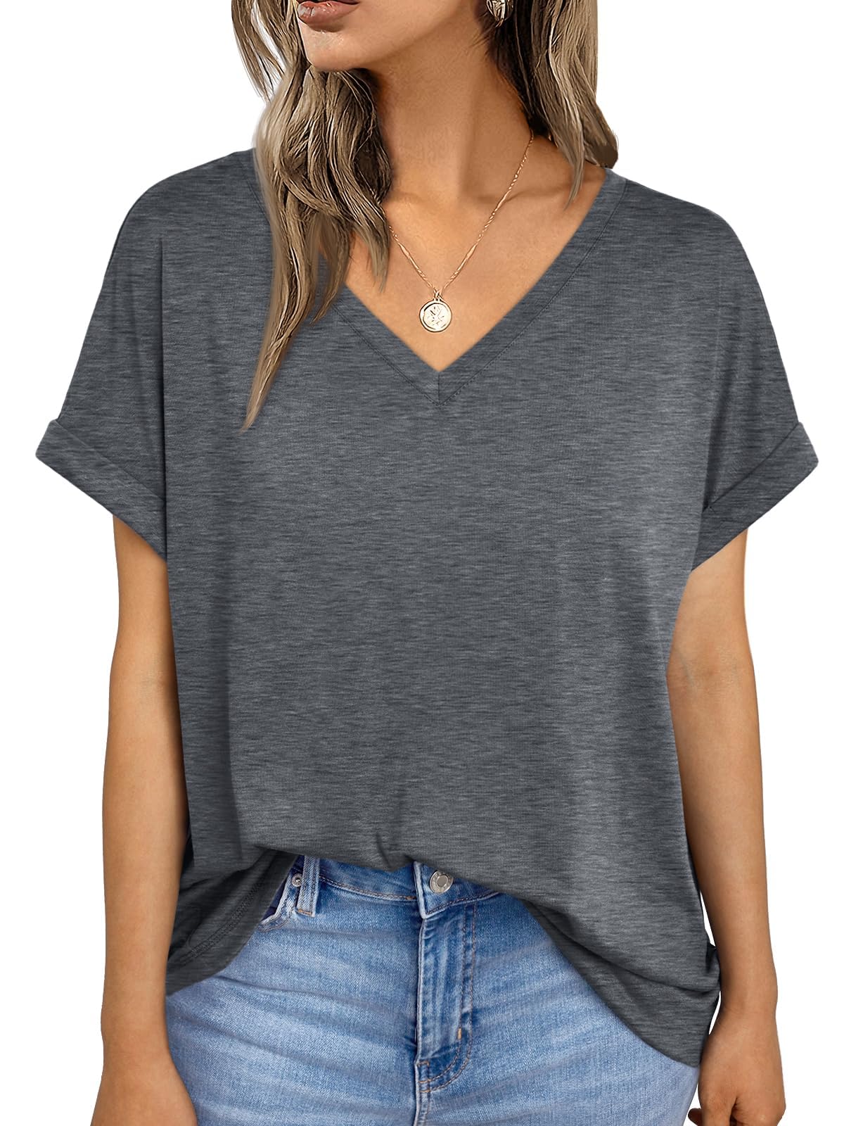 Womens Short Sleeve T Shirts Loose Casual Basic V Neck Summer Tops