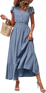 PRETTYGARDEN Womens Dresses 2025 Summer Maxi Dress Boho Short Sleeve V Neck Swiss Dot Ruffle Tiered Smocked Flowy Long Dress