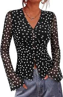 BTFBM Camisas con botones para mujer, a la moda de otoño 2025, cuello en V, blusa de manga larga, malla fruncida, ajustada, estampado floral, estilo bohemio