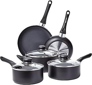Amazon Basics Non-Stick Kitchen Cookware 8-Piece Set, Non-Induction, Includes Pots and Pans, Black